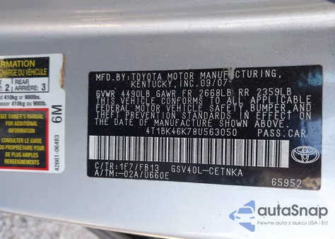 2008 Toyota Camry Le V6 из США, поврежденный, VIN 4T1BK46K78U563050